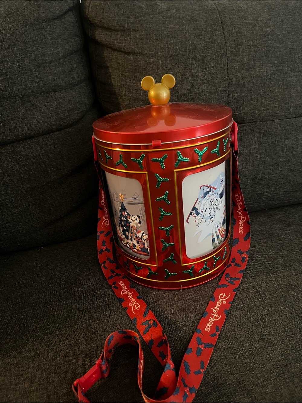 Disney Red Holiday Popcorn Tin with Gold Mickey Ear Knob and Festive Strap